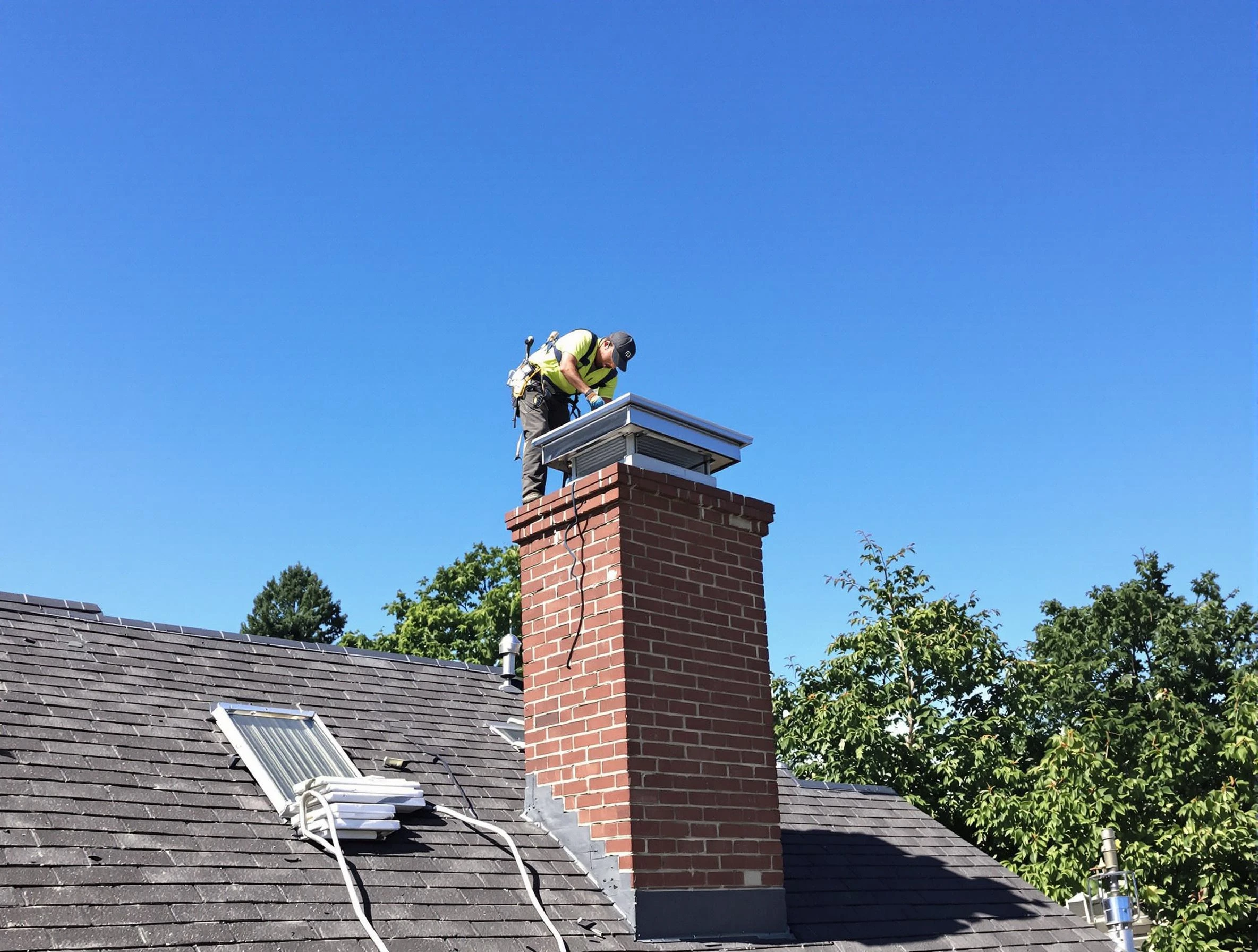 Mableton Chimney Sweep technician measuring a chimney cap in Mableton, GA