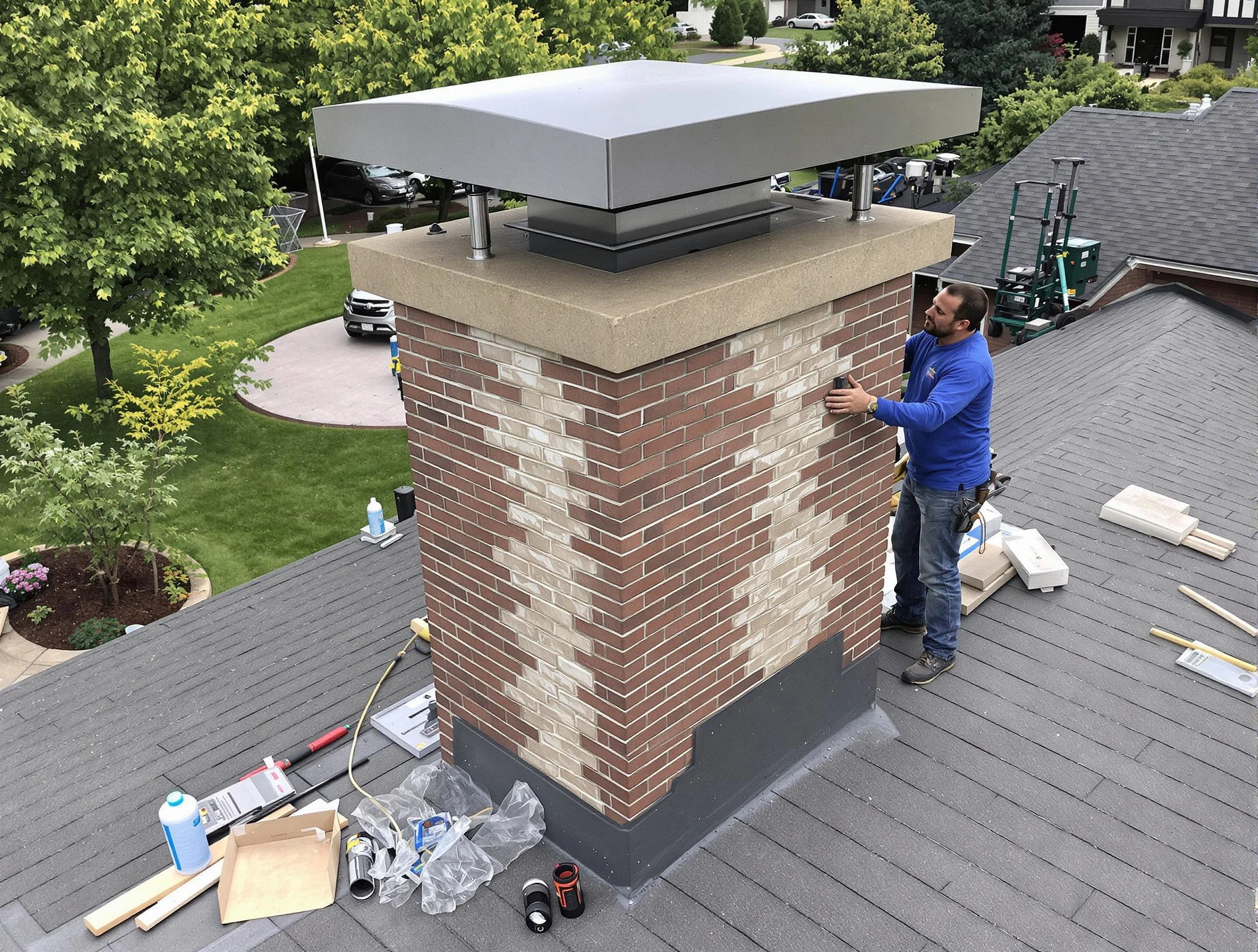 Mableton Chimney Sweep team working on a custom chimney remodel in Mableton, GA